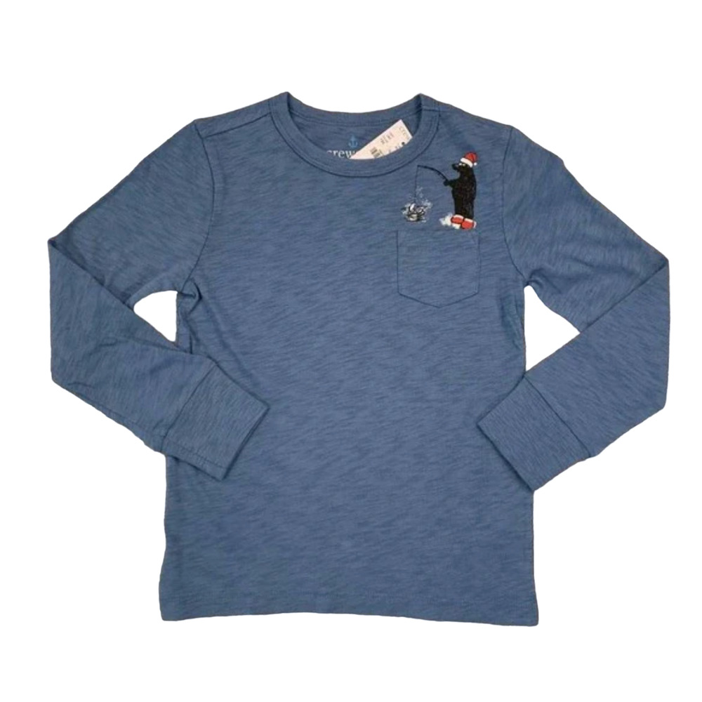 NWT J. Crew Boys' Blue Long Sleeve Santa Fishing Bear Christmas T-Shirt